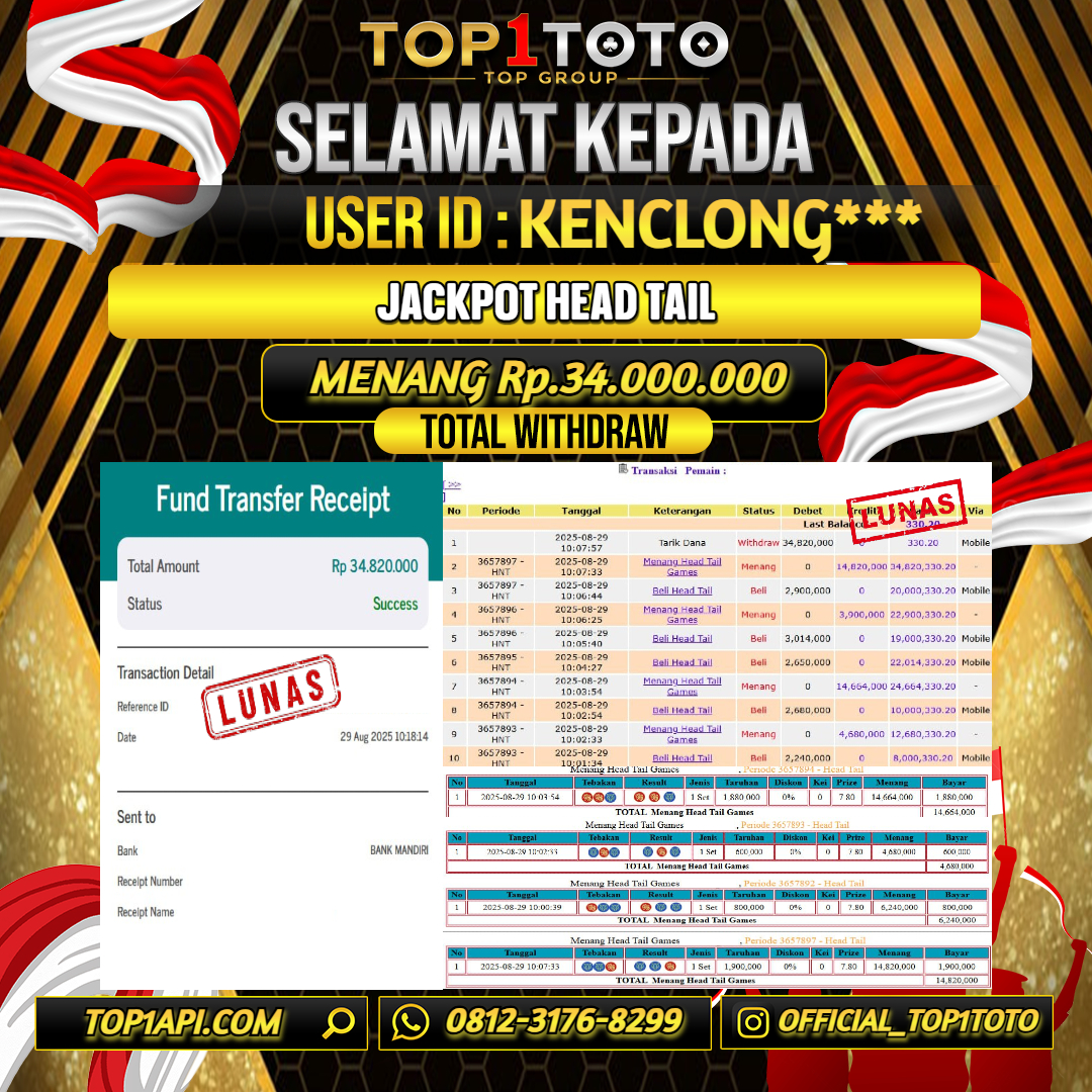TOP1TOTO JACKPOT LIVE GAMES HEAD TAIL Rp.34.000.000 - LUNAS USER ID : KENCLONG***